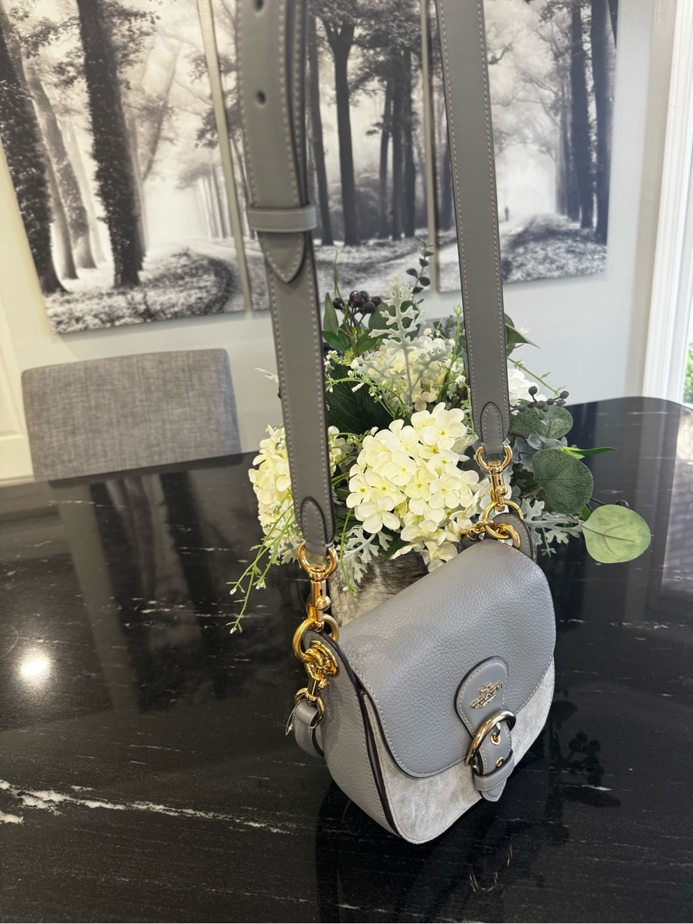 🩶COACH Gray Pebbled Leather & Suede Mini Saddle Bag with Gold Hardware - Picture 10 of 13